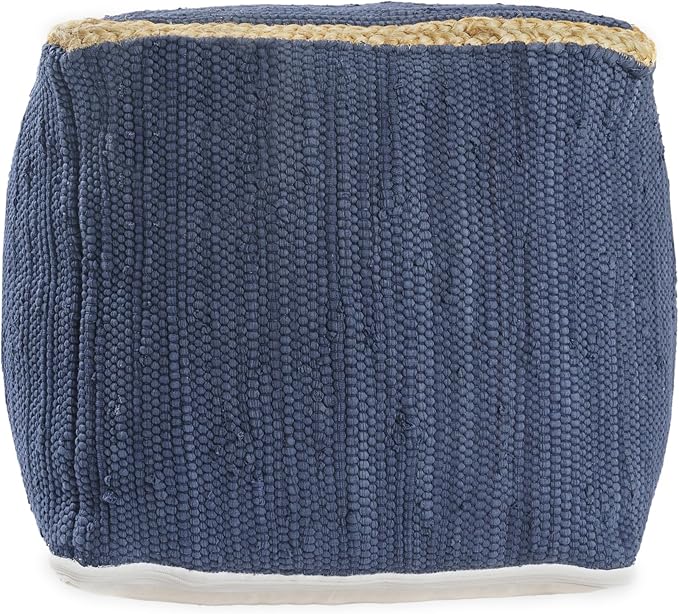LR Home Indigo Bordered Transitional Hand-Loomed Cotton Pouf with Jute Braid for Home Decor | Farmhouse Cube Foot Rest for Bedroom & Living Room Decor | 18 x 18 x 18 Stuffed Ottoman for Seating