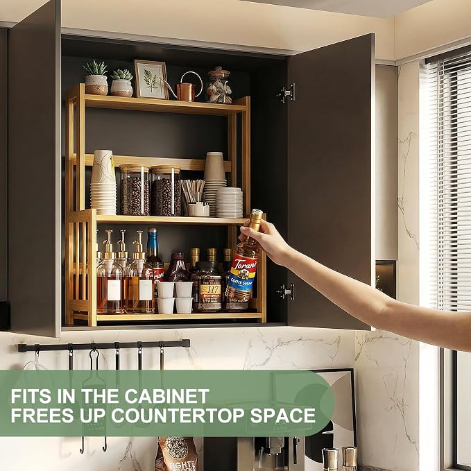Countertop Coffee Station Organizer, 3 Tier Bamboo Shelf for Coffee Bar Accessories, Coffee Bar Organizer for Home Kitchen