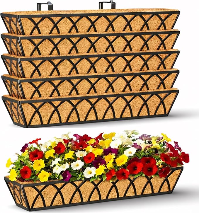 30 Inch 6 Pack Railing Planter with Adjustable Brackets, Window Box with Coco Liner, Hanging Metal Flower Box for Balcony Deck Fence Porch, Black