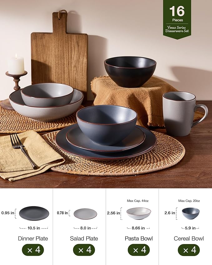 Famiware Venus Speckled Dinnerware Set with Pasta Bowls for 4 (16 Pieces), Stoneware Plates and Double Bowls, Assorted Colors - Microwave & Dishwasher Safe Dishes with Trim for Everyday & Formal Use