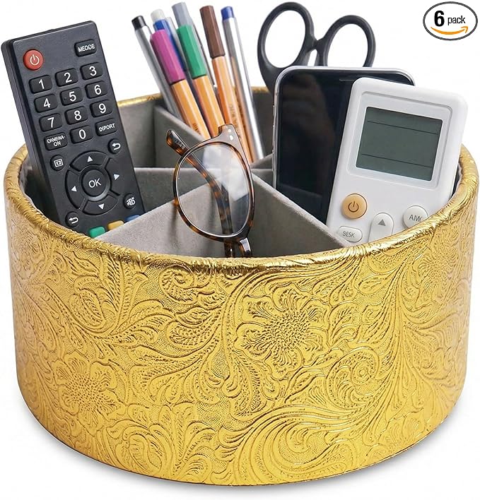 lizimandu Remote Control Holder, 360°Spinning PU Leather Desk TV Remote Caddy,Desk Storage Box Room Accessories for Controller, Media,Mail,Calculator, Mobile Phone,Pencil(1B-Carved5 Gold)