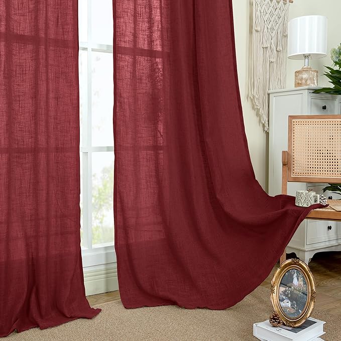 LAMIT Burgundy Red Sheer Linen Curtains, 84 inch Light Filtering Semi Sheer Panels Back Tab and Rod Pocket Christmas Drapes for Bedroom/Living Room, 2 Panels, 52 x 84 Inch