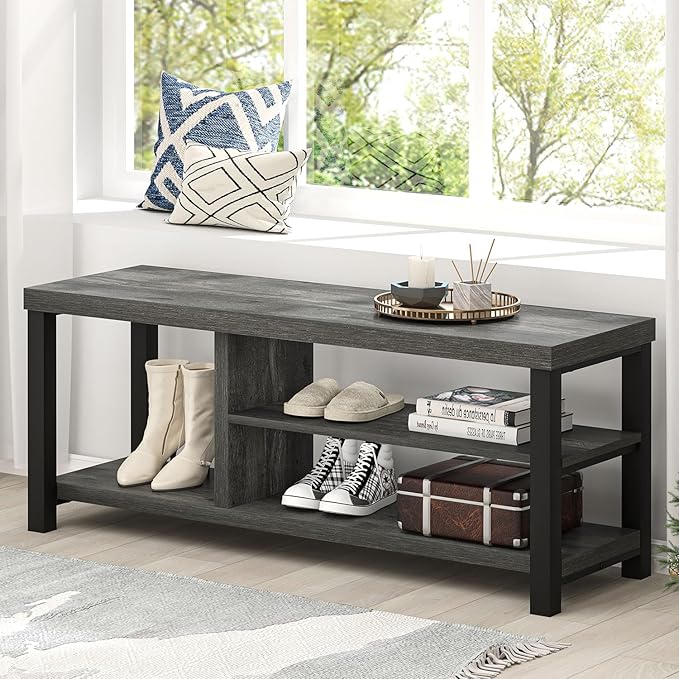EXCEFUR Industrial Entryway Bench, Rustic Indoor Shoe Boot Storage Bench Seat for Living Room, Grey