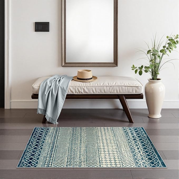 Moroccan Small Rug for Bedroom 2x4, Soft Non-Slip Indoor Door Mats for Entryway, Low-Pile Non-Shedding Blue Rug Vintage Rugs for Kitchen Bathroom Laundry Room