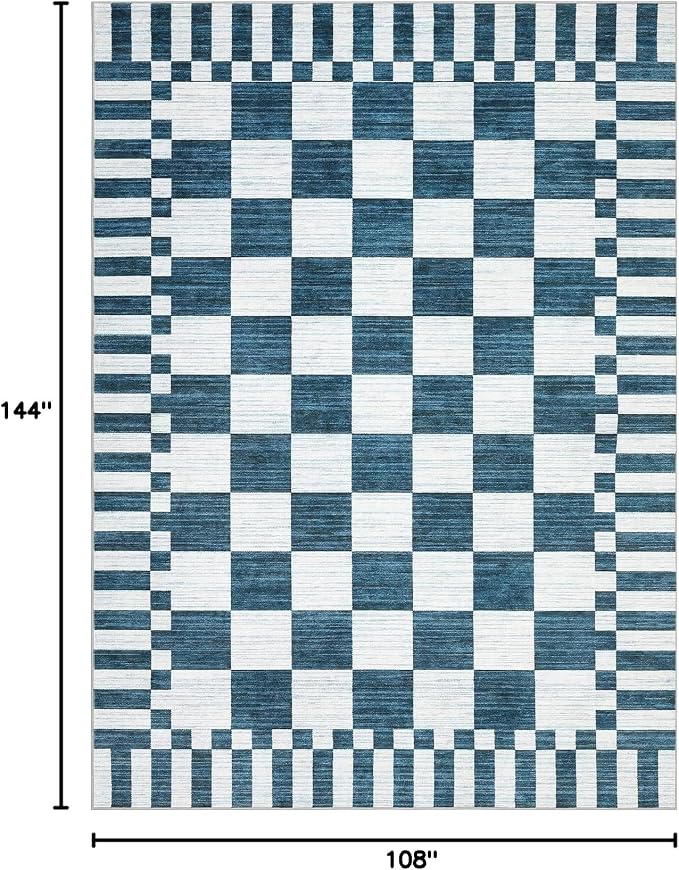 GarveeHome 9×12 Area Rugs for Living Room,Blue and White Checkered Rug, Non-Slip Washable Rugs 9x12,Soft Low-Pile Farmhouse Geometric Modern Rugs for Bedroom Dining Room