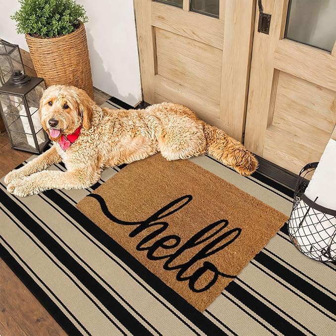 Striped Outdoor Rug 3'x5', Cotton Hand Woven Rug Front Door Mat,Washable Reversible Layered Door Mats, Foldable Front Porch Rug for Entryway/Home Entrance/Farmhouse(Black and Tan)