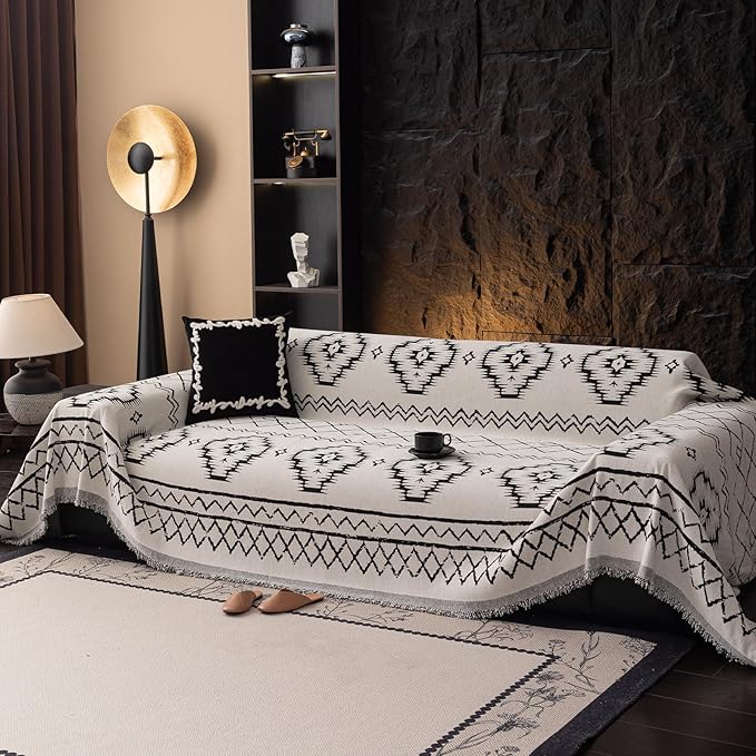 VClife Boho Aztec Couch Cover Extra Large Couch Cover for 3-4 Seat Sofa, Western White Slipcover Cover with Black Tribal Pattern, Soft Thick Chenille Furniture Sofa Covers wit Tassel, White, 71"X150"