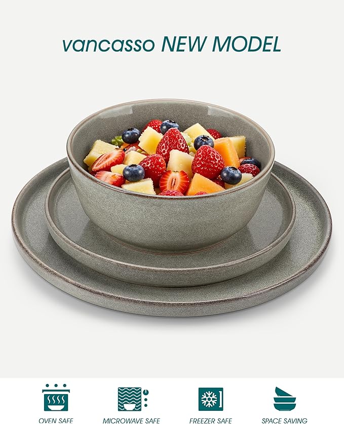 vancasso ANYA 24 Pieces Plates and Bowls Set, Stone Grey Dinnerware Sets, Reactive Glaze Dishes Set for 8, Ceramic Dishware Sets Kitchen Dinner Set, Microwave & Dishwasher Safe