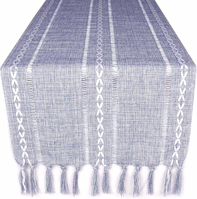 Yicorgard Farmhouse Table Runner Rustic Style 13“ x 72”, Braided Striped Linen Rustic Table Runner 72 Inches Long with Tassels for Dining Room Kitchen Reading Dresser Décor,Blue