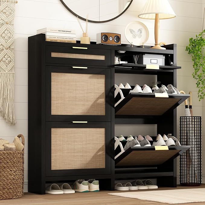 Shoe Organizer Cabinet Storage for Entryway - Slim Rattan Shoe Rack for Front Door Entrance, Narrow Hidden Shoe Cabinet with Flip Drawers, Boho Shoe Holder Cabinet, Black