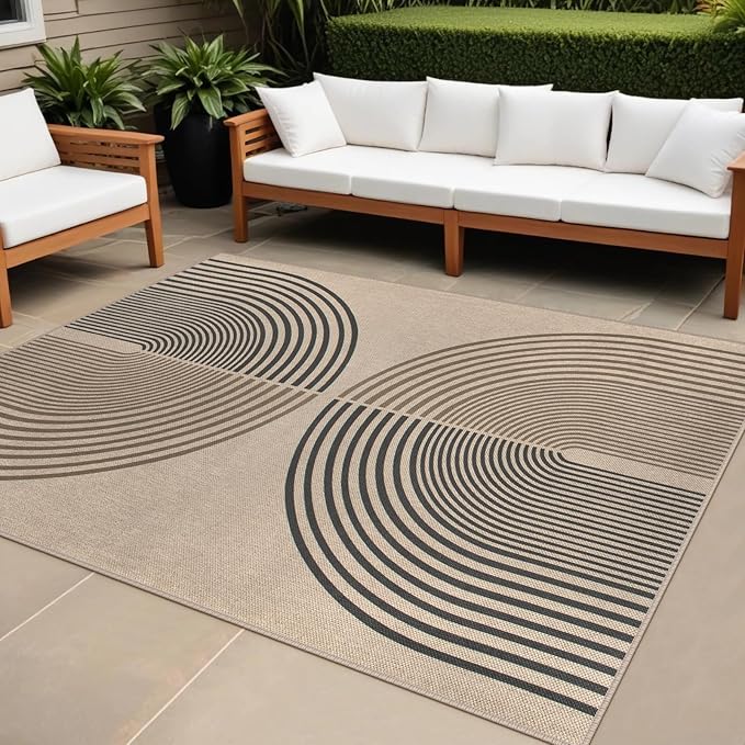 Rugalia Easy Jute 5x7 Outdoor Patio Rug, Washable Modern Boho Rugs for Living Room, Non-Slip Farmhouse Rainbow Outdoor Mat Neutral Abstract Floor Carpet for Patio Dining Room Backyard