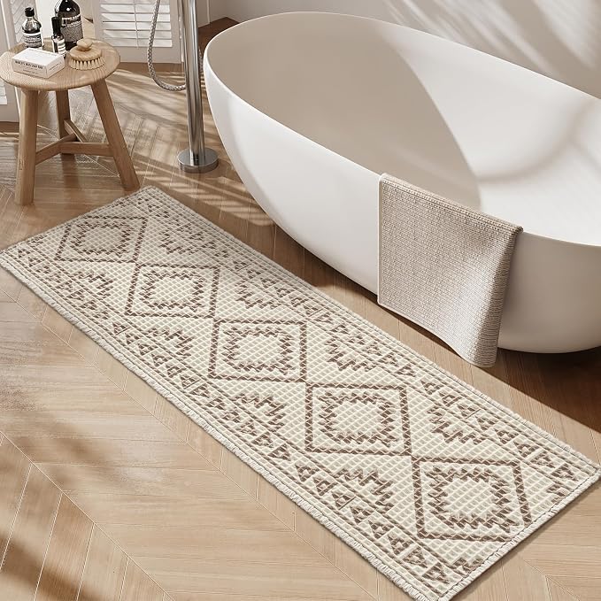 PADOOR-Waffle Bathroom Runner 24"x72", Super Absorbent Bath Mats for Bathroom, Machine Washable Non Slip Bath Rug with Tassels, Soft Bath Mat for Laundry Room, Bedroom, Cream & Brown, 2'x 6'