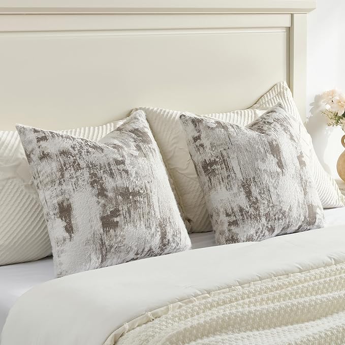 FUTEI Pack of 2 Faux Cashmere Jacquard Throw Pillow Covers 20x20 Inch Soft Marble Pattern Vintage Decorative Cushion Case Modern Farmhouse Accent for Couch Bed Living Room, Taupe White