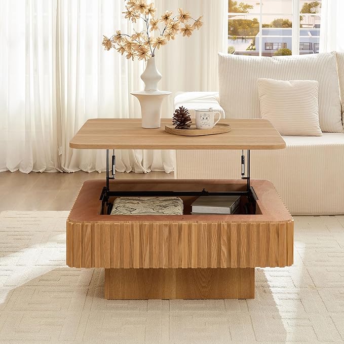 Square Storage Coffee Table with Lift Top for Living Room Office, Modern Fluted Coffee Table, 35.43" Wood Dining Center Tables with Large Hidden Space - Oak