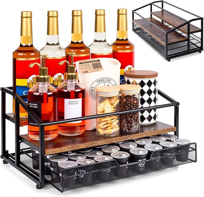 kimilus Coffee Syrup Rack Organizer, 3-Tier 10 Bottle Syrup Rack with 35 K Cup Darwer for Coffee Bar, Countertop Bottle Holder Stand for Dressing for Kitchen Cafe Station