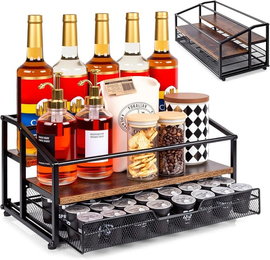 kimilus Coffee Syrup Rack Organizer, 3-Tier 10 Bottle Syrup Rack with 35 K Cup Darwer for Coffee Bar, Countertop Bottle Holder Stand for Dressing for Kitchen Cafe Station