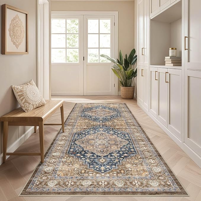 Runner Rug Kitchen Washable Rugs: 3x8 Non-Slip Boho Vintage Stain Resistant Indoor Neutral Farmhouse Throw Carpet for Hallway Bathroom Laundry Room Entryway Bedroom- Yellow Blue