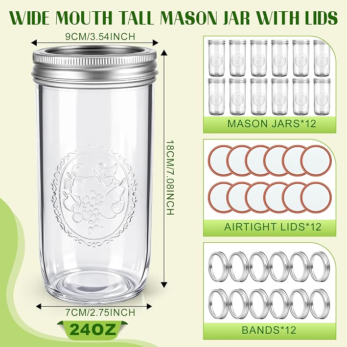 Anwoi Mason Jars 24 oz Wide Mouth with Measurement Marks–12Pack Glass Canning Jars with Airtight Leakproof Lids & Bands, BPA-Free for Meal Prep, Fermentation, Pickling & Storage (clear 12pack 24oz)