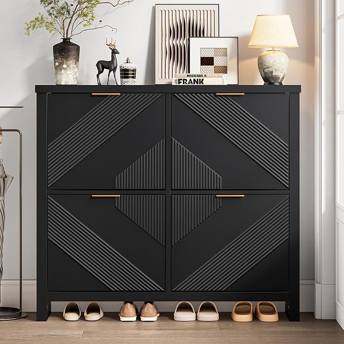 ONBRILL Shoe Cabinet with 4 Flip Drawers, 16-24 Pairs Shoe Organizer with Symmetric Groove Pattern, Freestanding Slim Hidden Shoe Storage Cabinet for Entryway, Hallway (Black)