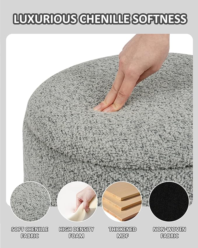 PINPLUS Chenille Folding Ottoman Footstool, Round Storage Ottoman, Soft Fabric, 330 lbs Load Capacity, Large Ottoman for Living Room, Bedroom, Dorm, Grey Colors