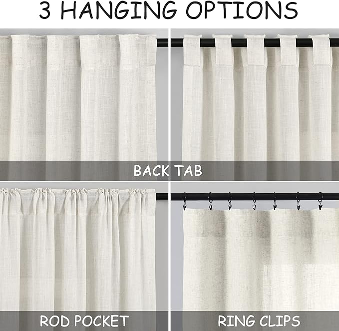 Cream Linen Curtains 142 Inches Long for Living Room Extra Long Back Tab Curtains Neutral Farmhouse Light Filtering Semi Sheer Linen Drapes Ceiling to Floor for Large Window 2 Panels Set 52x142