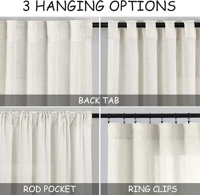Cream Linen Curtains 117 Inches Long for Living Room Extra Long Back Tab Curtains Neutral Farmhouse Light Filtering Semi Sheer Linen Drapes Ceiling to Floor for Large Window 2 Panels Set 52x117