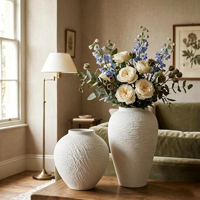 Vintage Stone Textured Ceramic Vase, Minimalist White Flower Vase, Rustic Decorative Centerpiece for Farmhouse, Living Room, Shelf, Dining Table Home Decor, Medium-Sized (White Texture 9.3'' Tall)