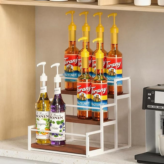 THYGIFTREE Coffee Syrup Rack Organizer 3-Tier 12 Syrup Bottles Holder Stand for Coffee Bar Station Storage Shelves for Syrup, Wine, Dressing for Kitchen Countertop, White