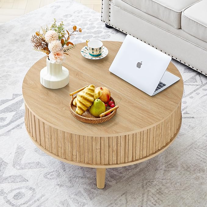 Janmer Home Round Lift Top Coffee Table with Storage, Fluted Mid Century Modern Coffee Tables, Small Space,31.5" Wooden Center Table for Living Room, Apartment, Office (Natural)