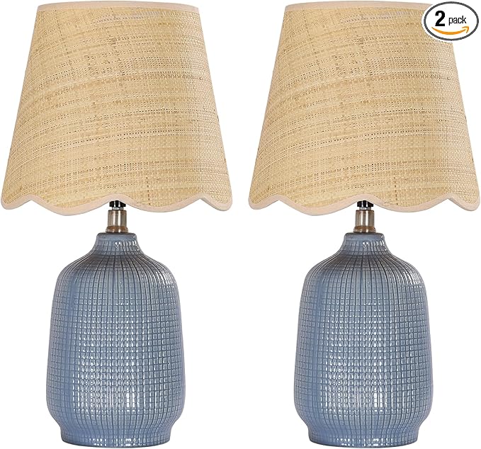 Pia Ricco Set of 2 19" Modern Ceramic Table Lamp for Living Room Gray Blue Base Desk Lamps for Bedroom Farmhouse Bedside Nightstand Lamp End Table Lamps,Bule,Rattan Shade