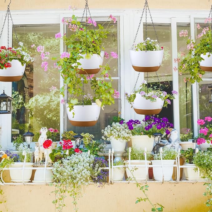 Remerry 6 Pcs 11.2 Inch Hanging Planters Hanging Plant Basket for Indoor Outdoor Plants Set Plastic Hanging Flower Pot with Drainage Holes and Removable Trays for Home Garden (White)
