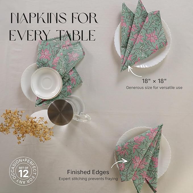 Floral Cloth Napkins Set of 12, 100% Cotton Reusable Dinner Napkins, Block Print Inspired, 18 x 18 Inch Table & Kitchen Napkins for Everyday Dining & Entertaining, Soft Green Floral
