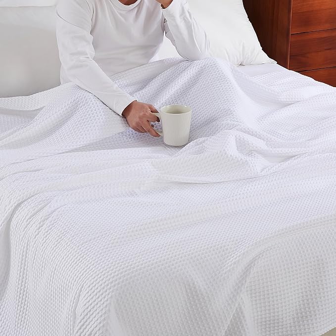 100% Egyptian Cotton Waffle Weave Throw Blanket for Bed Couch Sofa Home Decor, Soft Lightweight Bed & Couch Blanket for All Seasons (White - Throw Size - 50 * 60")