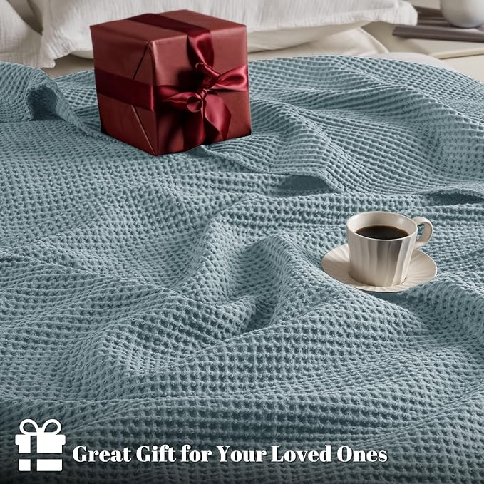 PHF Pre-Washed 100% Cotton Waffle Weave Blanket Queen Size for Bed,Snag Proof Throw Blanket for Couch Spring Summer Lightweight Breathable,Machine Washable, Home Decor Gift - Ocean