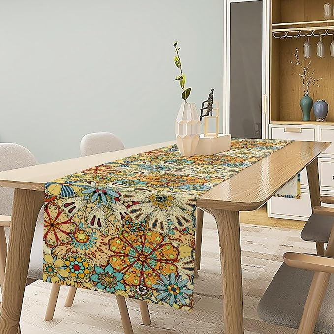 Mandala Floral Table Runner Retro Colorful Hippie Flowers Boho Art Tabler Decor for Bedroom Kitchen Living Room Dining Party Yellow Table Runner, 13x36 Inch
