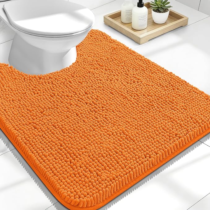 OLANLY Toilet Rugs U-Shaped 24x20, Extra Soft Absorbent Chenille Contour Bathroom Rugs for Toilet, Dry Quickly, Machine Washable, Non-Slip Bath Mat, Orange