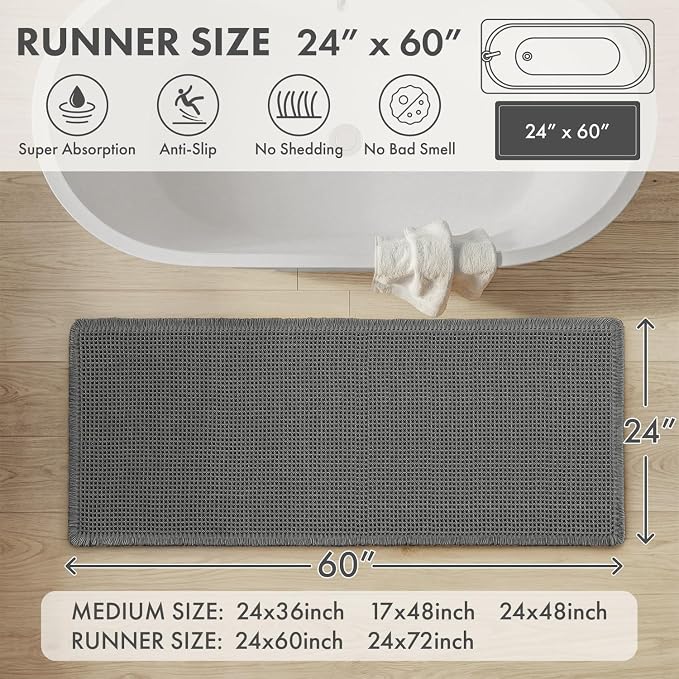MIULEE Waffle Bathroom Runner Rugs, Super Absorbent Non Slip Bath Rug, Upgraded Soft Quick Dry Washable Boho Large Bath Mat with Tassels for Hallway Laundry Room Bedroom, 2'x5' (24"x60"), Dark Grey
