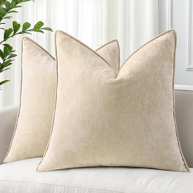 decorUhome Summer Couch Euro Sham Throw Pillow Covers 26x26 Set of 2, Decorative Soft Velvet Modern Cozy Chenille Pillow Cases with Elegant Design for Sofa Bed Living Room Home Decor, Beige