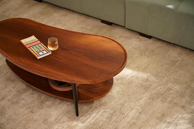 AGV LIGHTING Mango Oval Coffee Table with Storage Shelf, 47" Mid Century Modern Coffee Table for Living Room, Walnut Wood Finish MDF Top with Black Metal Legs