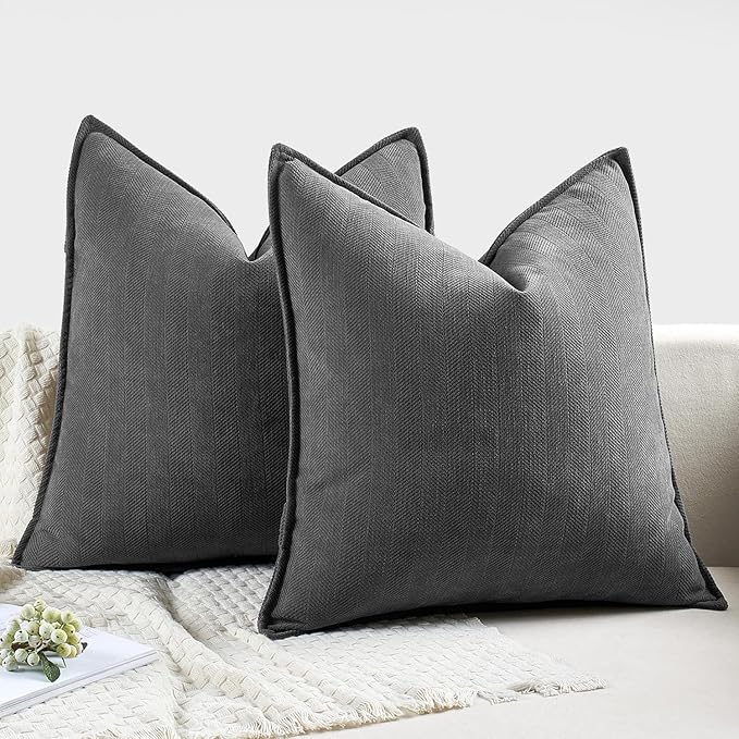MIULEE Pack of 2 Dark Grey Decorative Pillow Covers 22x22 Inch Soft Chenille Luxurious Couch Throw Pillows Farmhouse Cushion Covers Euro Shams with Elegant Design for Sofa Bed Living Room Home Decor