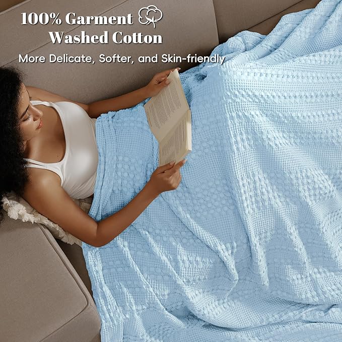 PHF 100% Cotton Waffle Weave Blanket Twin Size for Bed, Soft Lightweight & Breathable for Spring and Summer, All-Season Comfort, Luxury Aesthetic Blanket for Home Decor, 66"x90", Baby Blue