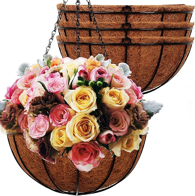 Hanging Planters Basket Outdoor Indoor(14 inch 4 Pack)-Coconut Coir Hanging Baskets for Plants Outdoor,Metal Wire Baskets with Coco Liner Window Box Planters, Hanging Flower Pots for Railings