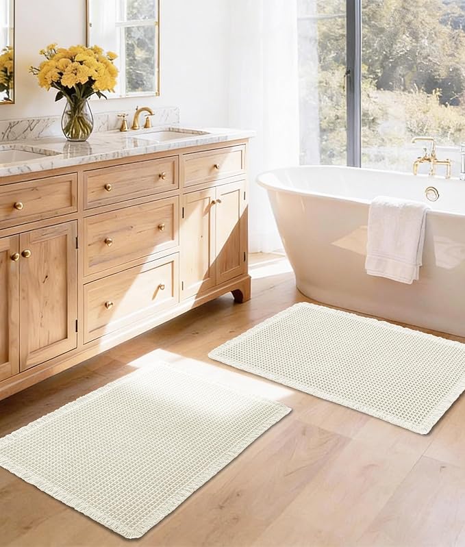 DWCN Waffle Bathroom Mat Set, Super Absorbent Non Slip Bath Rug Set for Bathroom Floor, Shower Mats 2 Piece for Tub, Washable Kitchen Rugs for Farmhouse Boho Decor, 20 x 32 Inch, Ivory