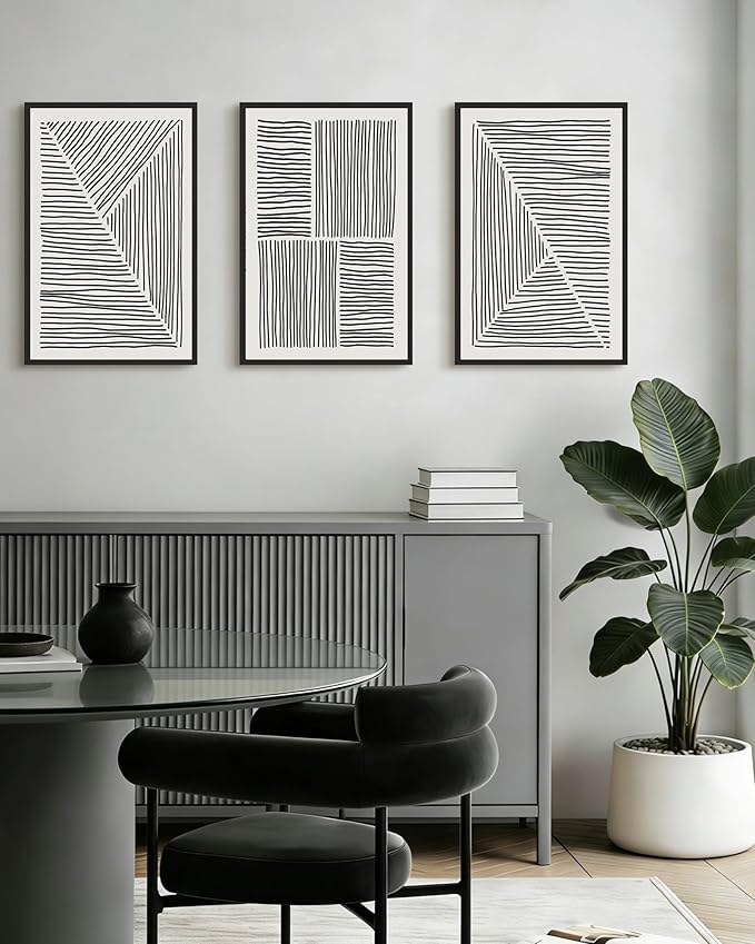 Drsoum Mid-Century Modern Framed Wall Art Large 16x24in Minimalist Abstract Boho Black Line Wall Decor Geometric Artwork Kitchen Dining Room Black Framed