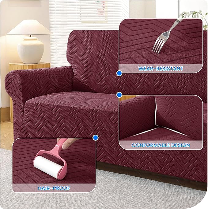 Stretch Sofa Slipcover 3 Cushion Couch X-Large Sofa Cover,91"-110" Non Slip Soft Couch Sofa Cover Washable Furniture Protector with Non Skid Foam and Elastic Bottom for Kids, Pets,Wine Red