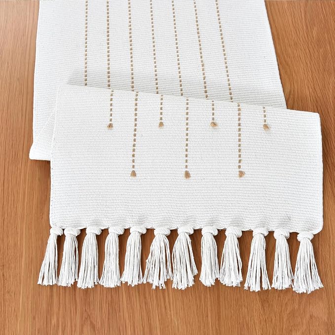 Boho Table Runner Natural Cotton Woven Runner with HandmadeTassels for Home Dining Table décor, for Modern Farmhouse Decor Coffee Table Runner (Khaki, 14x72Inch)