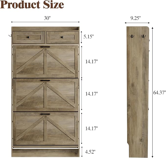 Thacuok Shoe Cabinet with 3 Flip Drawers & 2 Storage Drawers, Rustic Farmhouse Narrow Shoe Organizer Cabinet, Slim Shoe Rack Cabinet, Shoe Storage Cabinet for Entryway, Hallway, Front Door