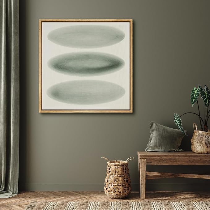SIGNFORD Framed Canvas Print Wall Art Minimalist Green Gradient Oval Forms Illustrations Modern Art Relax/Calm Warm for Living Room, Bedroom, Office - 16"x16" NATURAL