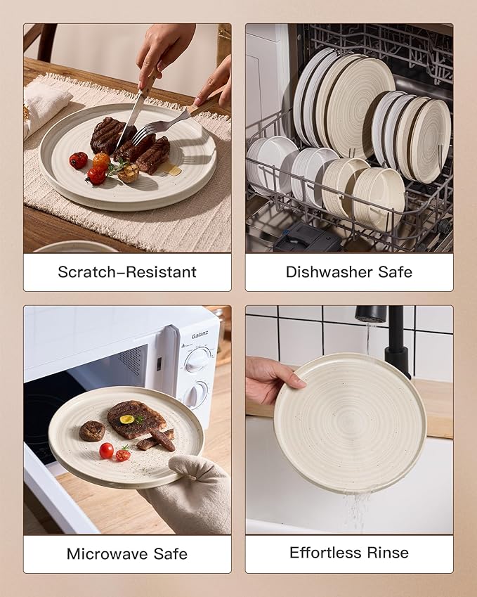 24-Piece Stoneware Dinnerware Set – High Edge Plates and Bowls with Reactive Glaze, Speckles & Spirals, Scratch Resistant Dishes, Dishwasher Safe, Service for 8, Gift Box, Shell Beige