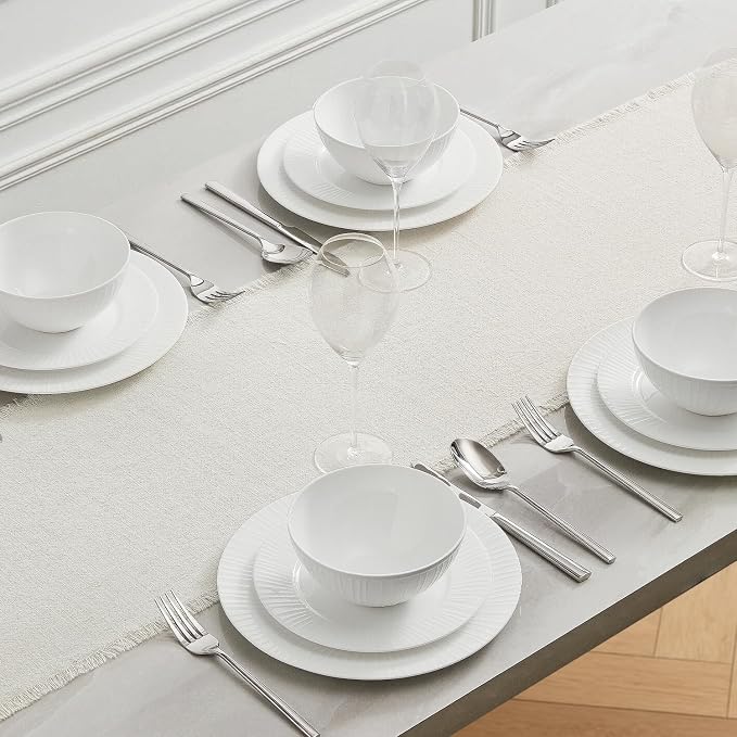 KINGSTONE 14 x 108 Inches Frayed Edge Table Runner, 270G Heavyweight Sand Washed Slub Texture Cotton Linen for Modern Farmhouse, Rustic Home Decorations Dining Room Wedding Boho Decor, White